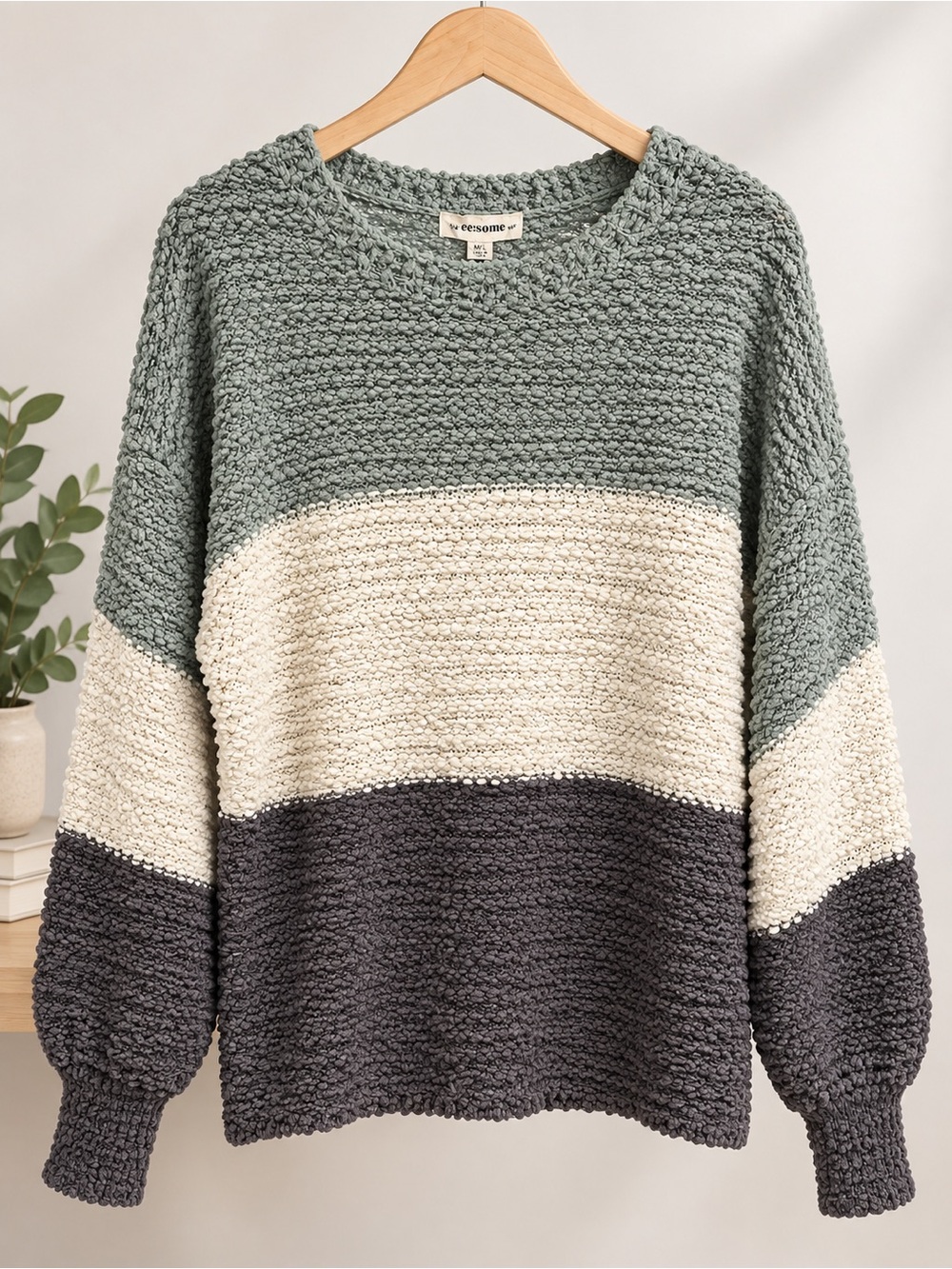 eesome Popcorn Knit Colorblock Crew Sweater in Sage, Cream & Charcoal (382)